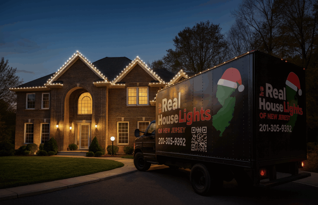 A home illuminated with warm-white roofline lighting beside The Real Houselights of New Jersey installation truck